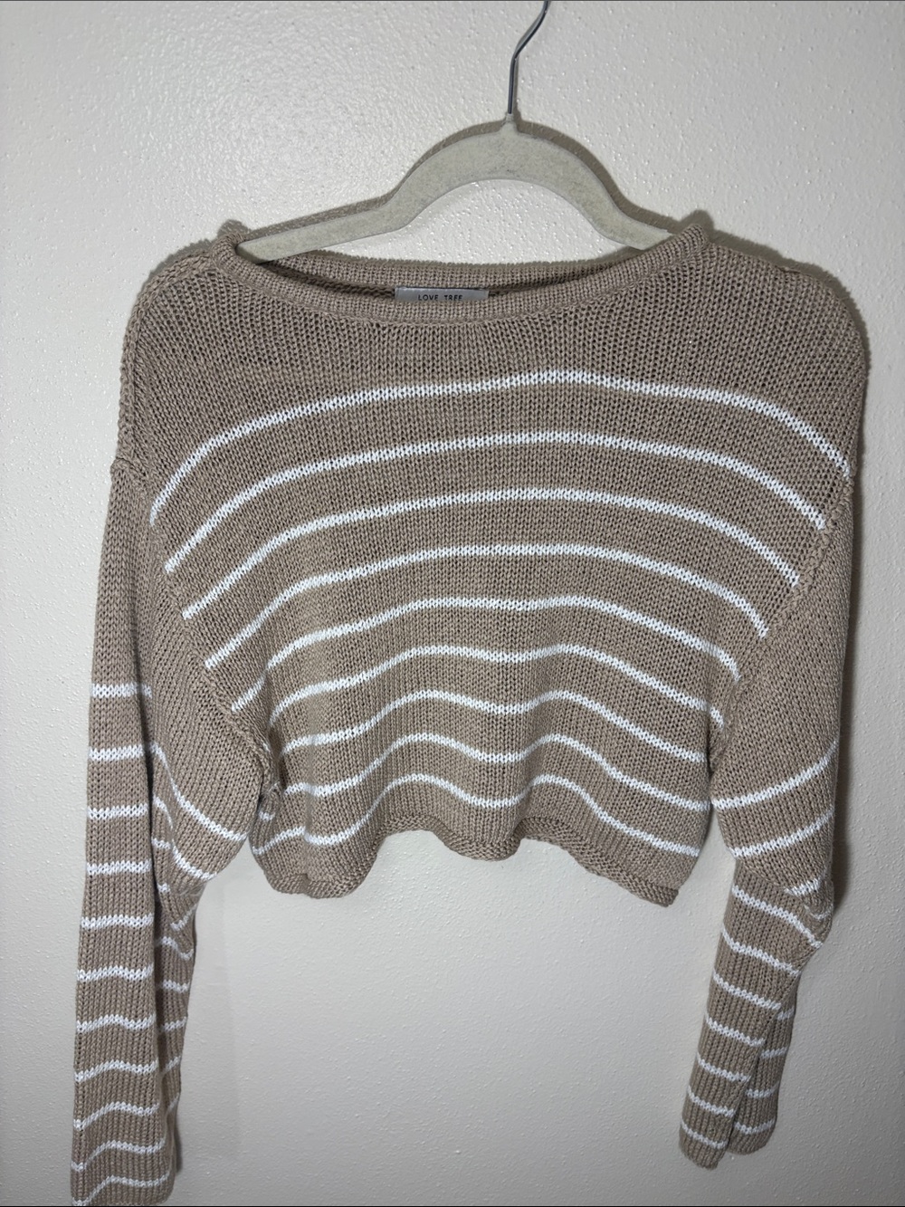 Love Tree Taupe & White Striped Cropped Crewneck Sweater